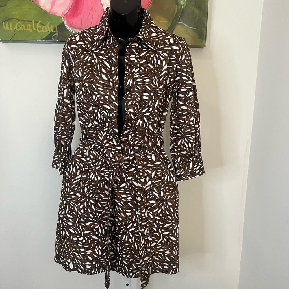 An Original Milly Shirt Dress Size 2 Brown White Print Belted Mini City Chic - Picture 3 of 16